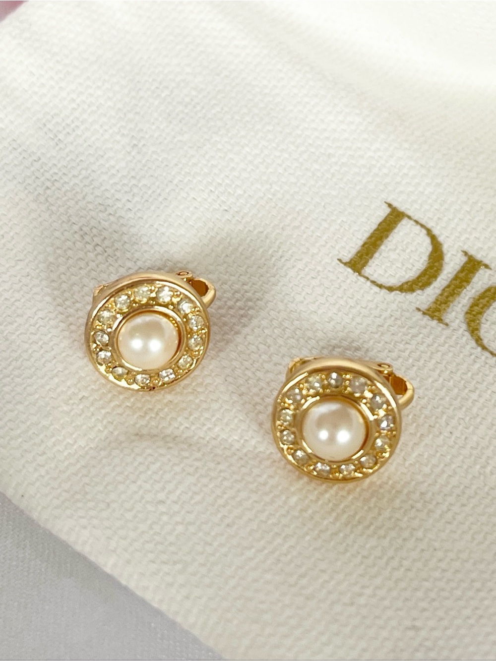 DIOR Vintage Clip-On Pearl Rhinestone Halo Earrings